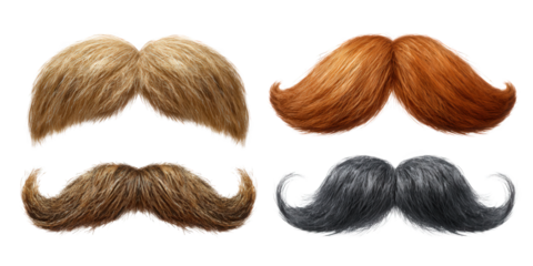 Four realistic mustaches varied natural hair colors including blonde ginger brown and grey isolate
