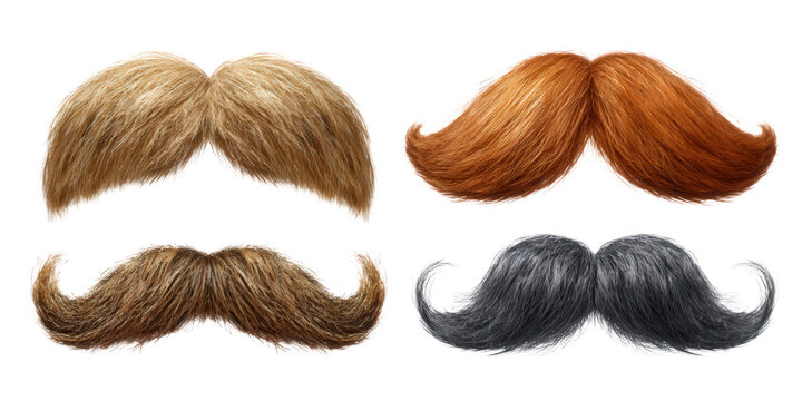Four realistic mustaches varied natural hair colors including blonde ginger brown and grey isolate