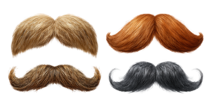 Four realistic mustaches varied natural hair colors including blonde ginger brown and grey isolate