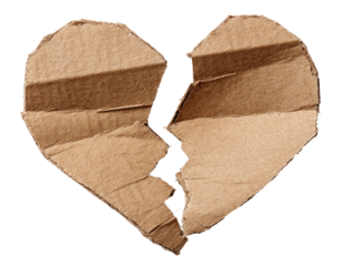 Broken Cardboard Heart Symbolizing Loss and Disappointment on Transparent Background
