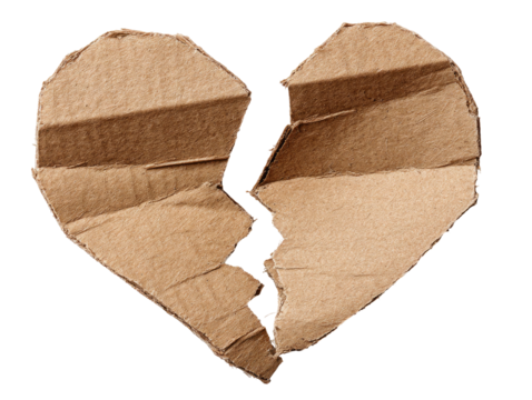 Broken Cardboard Heart Symbolizing Loss and Disappointment on Transparent Background