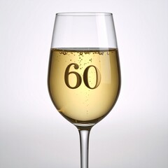 Glass of sparkling champagne with number 60 for 60th anniversary or birthday party