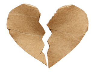 Torn Cardboard Heart Symbolizing Broken Relationships on Transparent Background