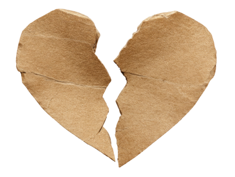 Torn Cardboard Heart Symbolizing Broken Relationships on Transparent Background