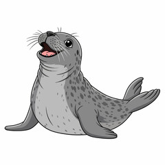  a seal vector illustration , A cartoon seal with gray fur and dark spots looking up with its mouth open