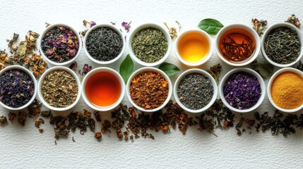 Assortment of loose leaf teas in small bowls