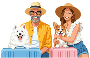 Pet-Friendly Tourism. Happy Couple with Dogs Ready to Travel. Pet-Friendly Vacations and Adventurous Lifestyle. Illustration of a smiling couple with two dogs and suitcases, ready to travel. 