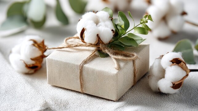 Cotton gift box present with flowers and rustic string on white fabric