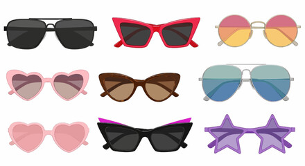 set of colorful sunglasses , Assortment of nine pairs of sunglasses in various shapes and colors displayed