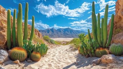 Scenic desert landscape showcasing a hiking path amidst towering cardon cacti, under a vibrant blue sky in baja california sur, mexico