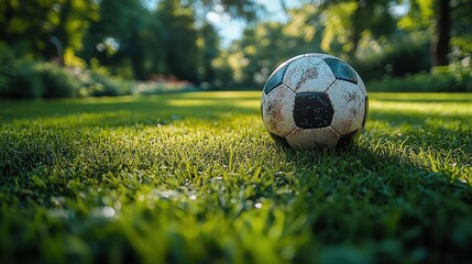 Classic soccer ball sits on a vibrant green playing field, ready for action, in a beautiful park setting
