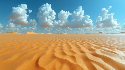 Rippling sand dunes stretch as far as the eye can see under a vibrant blue sky dotted with cumulus clouds, creating a picturesque desert landscape