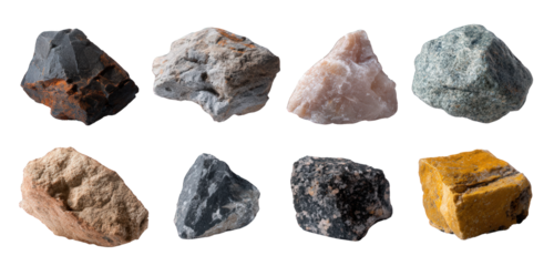 Eight Natural Rough Unpolished Rock And Mineral Specimens Arranged On A Transparent Background Collection Transparent Background