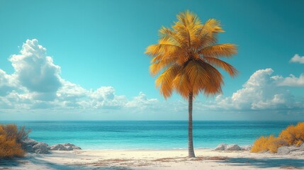 Golden palm tree standing on a beautiful white sand beach with turquoise water and blue sky