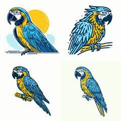 A Blue and yellow macaw. Funny Happy Retro Cartoon Clipart Silhouette Line Art Vector Illustration. Vivid gold avian information image on the large colorful parrot.