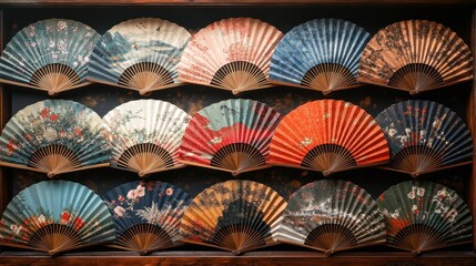 Many colorful, traditional japanese fans are displayed on a dark background, showcasing their intricate designs