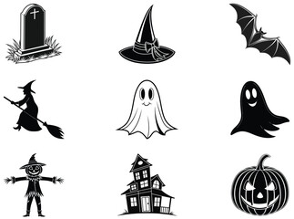 Halloween Celebration Silhouettes  Simple Black and White Vector Icons