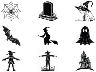 Naklejka premium Halloween Festival Elements Silhouette Monochrome Vector Set