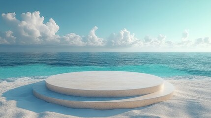 Round marble podium on a beautiful sandy beach overlooking a tranquil ocean and cloudy sky, perfect for showcasing products