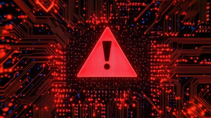 Red warning alert sign flashing on computer motherboard circuit, concept of critical error and computer virus