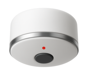 Ceiling-mounted smoke alarm with a red LED indicator and test button