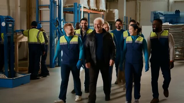 Workers in warehouse uniforms smile and converse while walking together, signifying teamwork and camaraderie in a professional setting.