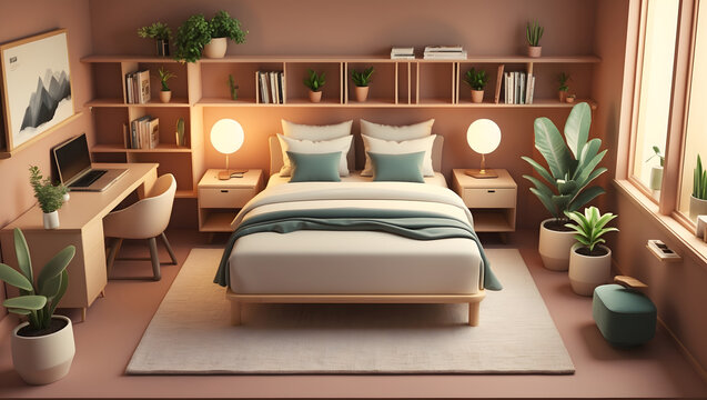 3d illustration of an organized and serene bedroom with a workspace presented in an isometric view