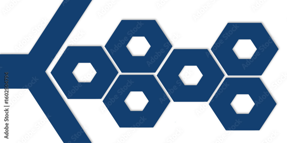Poster blue geometric design featuring a branching line leading to a cluster of connected hexagons shapes e