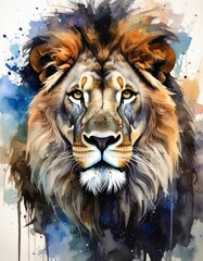 An expressive and colorful watercolor illustration of a powerful male lion's head with a full, flowing mane, set against a dynamic and abstract background of vibrant paint splatters.