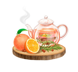 Glass teapot of hot tea with grapefruit orange rosemary allspice cinnamon. Wooden teapot stand. Aromatic hot fruit and herbal tea isolated on white background. Watercolor art.