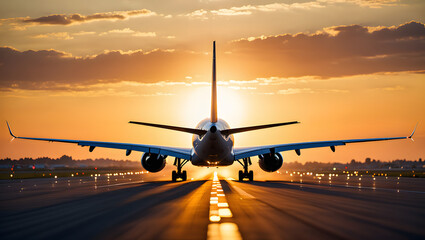 A passenger plane takes off into a fiery sunset sky