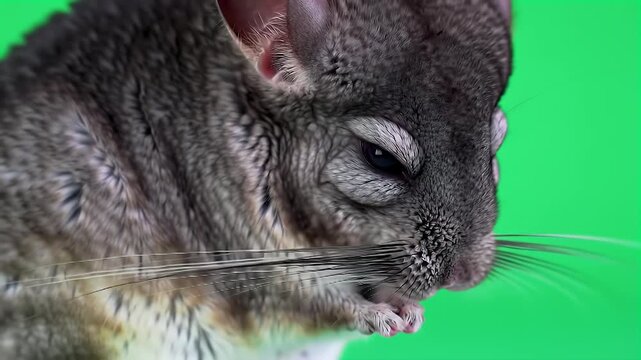 Adorable Grey Chinchilla Close-Up Profile on Vibrant Green Background