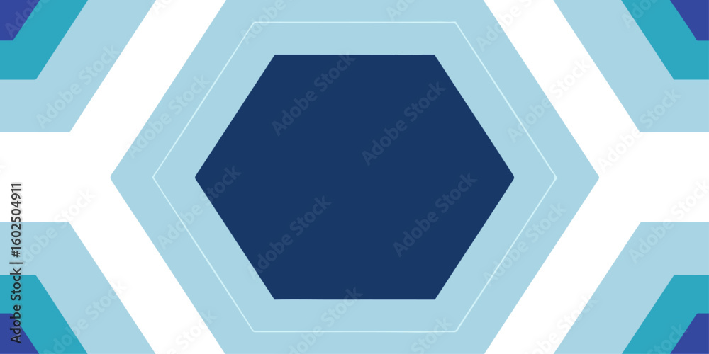 Poster blue geometric design featuring a branching line leading to a cluster of connected hexagons shapes e