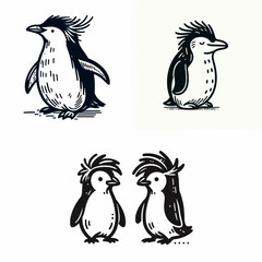 A Rockhopper penguin. Funny Happy Retro Cartoon Clipart Silhouette Line Art Vector Illustration. One kind of crested bird flightless fowl living near antarctic regions.