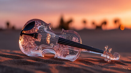 A transparent ice cello melts under a vibrant desert sunset, its strings sagging and water pooling, set against fiery skies and distant palms, blending fragile beauty with harsh nature.