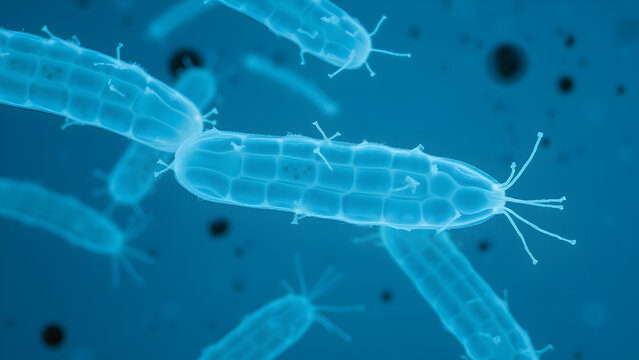 
1000x phase-contrast microscopy of Salmonella enterica,
rod-shaped bacteria with visible flagella,
intracellular granules under optimal staining.
