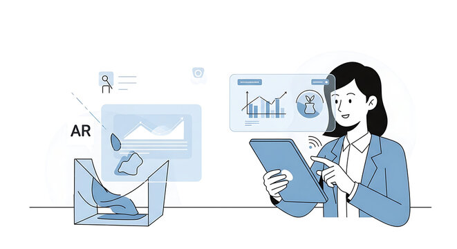 Woman using tablet with augmented reality interface showing data and a landscape projection on screen ai genrated