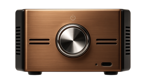 Retro console styled with a metallic finish and large circular power button