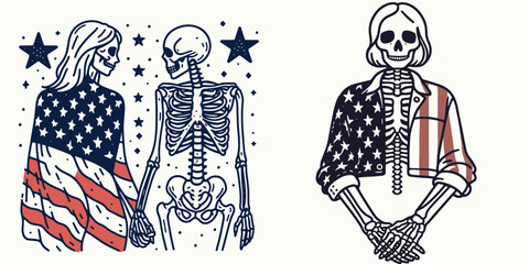 female skeleton wear american flag Holding hands. Funny Happy Retro Cartoon Clipart Silhouette Line Art Vector Illustration. Lady skull clad in usa banner clasping palm patriotic symbol.