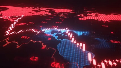Digital world map and stock market graph with glowing data, analytics showing global finance trends – Illustration of economic fluctuation. - Powered by Adobe