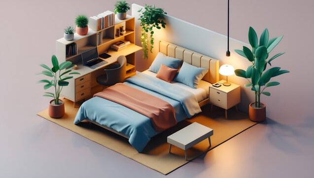 3d illustration of a bright and inviting bedroom with a workspace plants and minimalist aesthetic