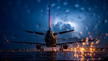 Obraz premium An airplane awaits departure under a dramatic thunderstorm sky
