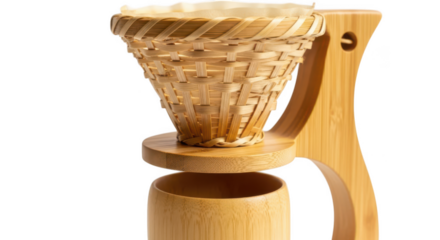 Bamboo coffee filter holder with cup isolated on transparent background