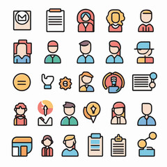 A colorful line art icon collection for human resources, featuring diverse employee avatars and business management pictograms for web and mobile apps.
