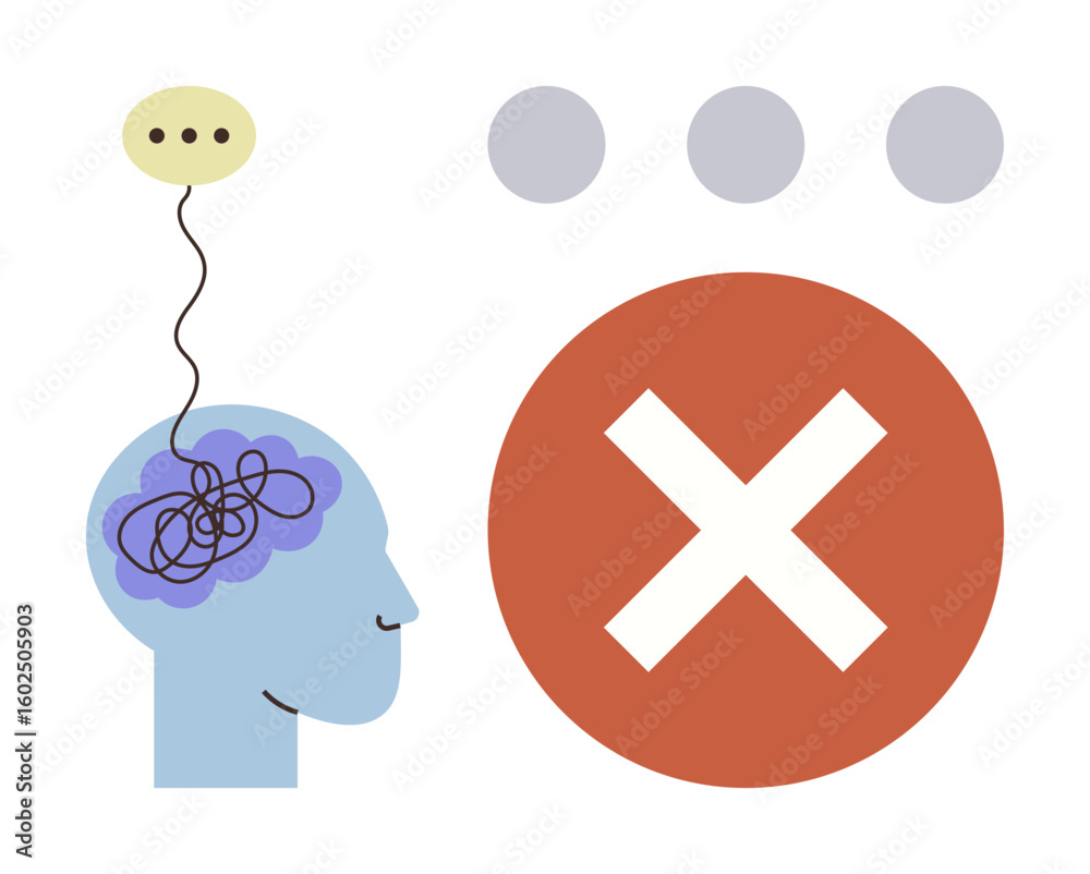 Poster tangled lines inside a brain linked to a speech bubble and a red cross symbol. ideal for mental conf