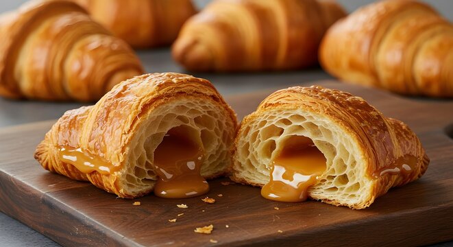 Freshly baked caramel croissant split open on a dark wood board, with gooey filling oozing out, for bakery advertising
