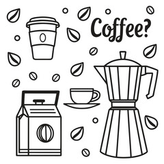 Obraz premium Black and white hand drawn illustration of coffee cup beans and moka pot drawing