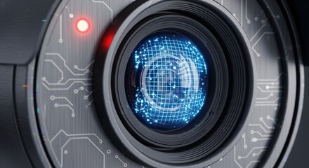 Futuristic Security Camera Lens with Glowing Grid and Circuitry Detail