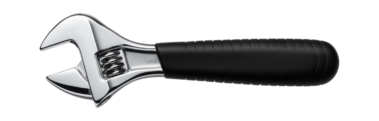 Chrome-plated adjustable spanner with a non-slip rubber grip for automotive maintenance.