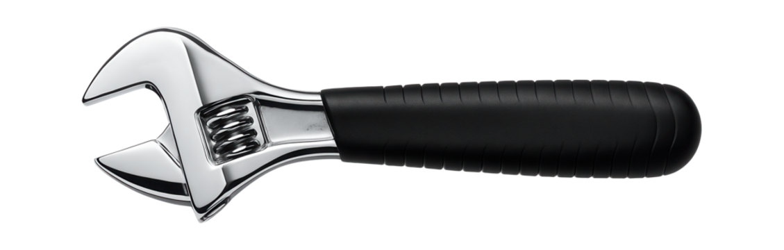 Chrome-plated adjustable spanner with a non-slip rubber grip for automotive maintenance.